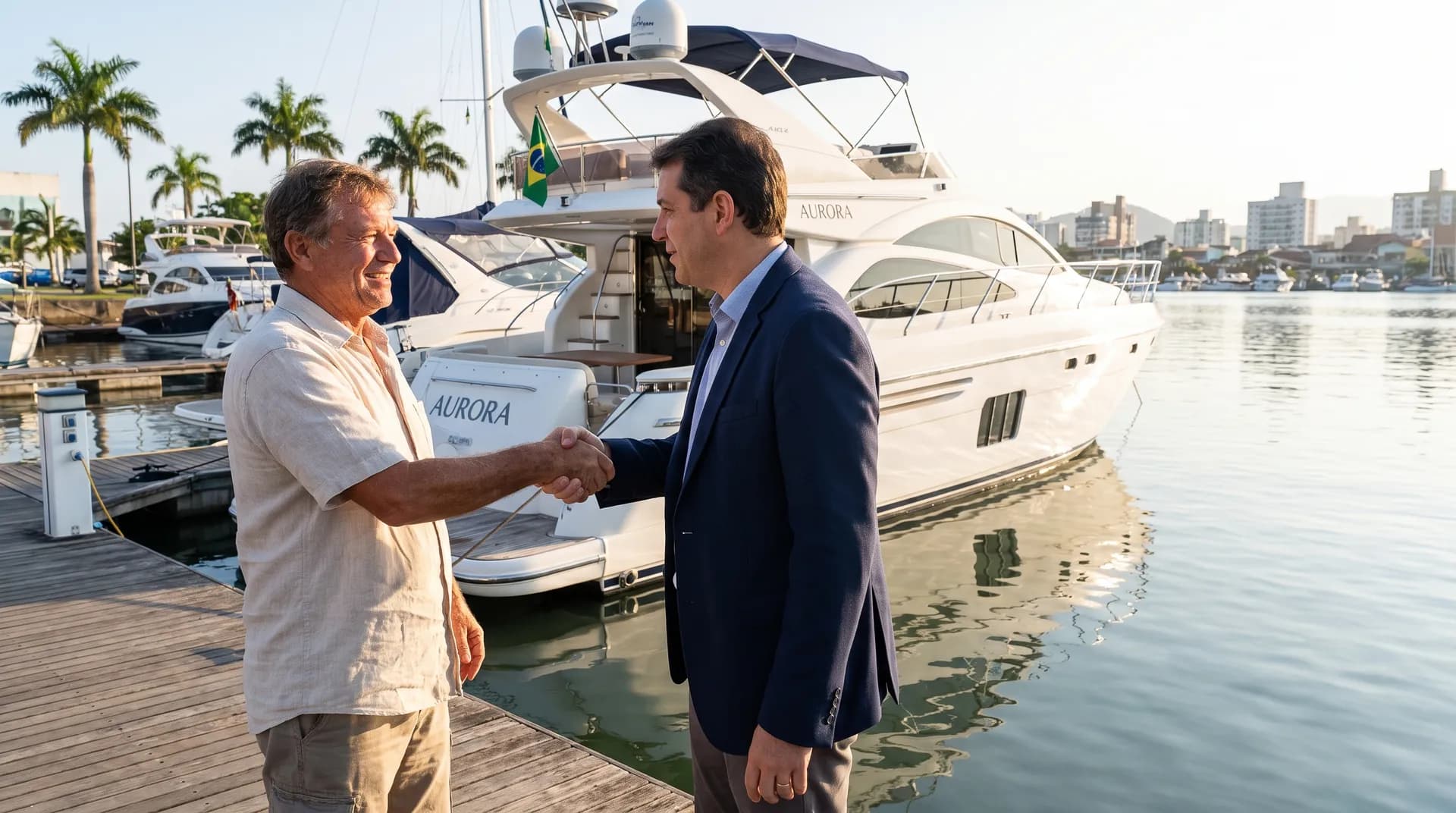 Lancha atracada em marina ao entardecer