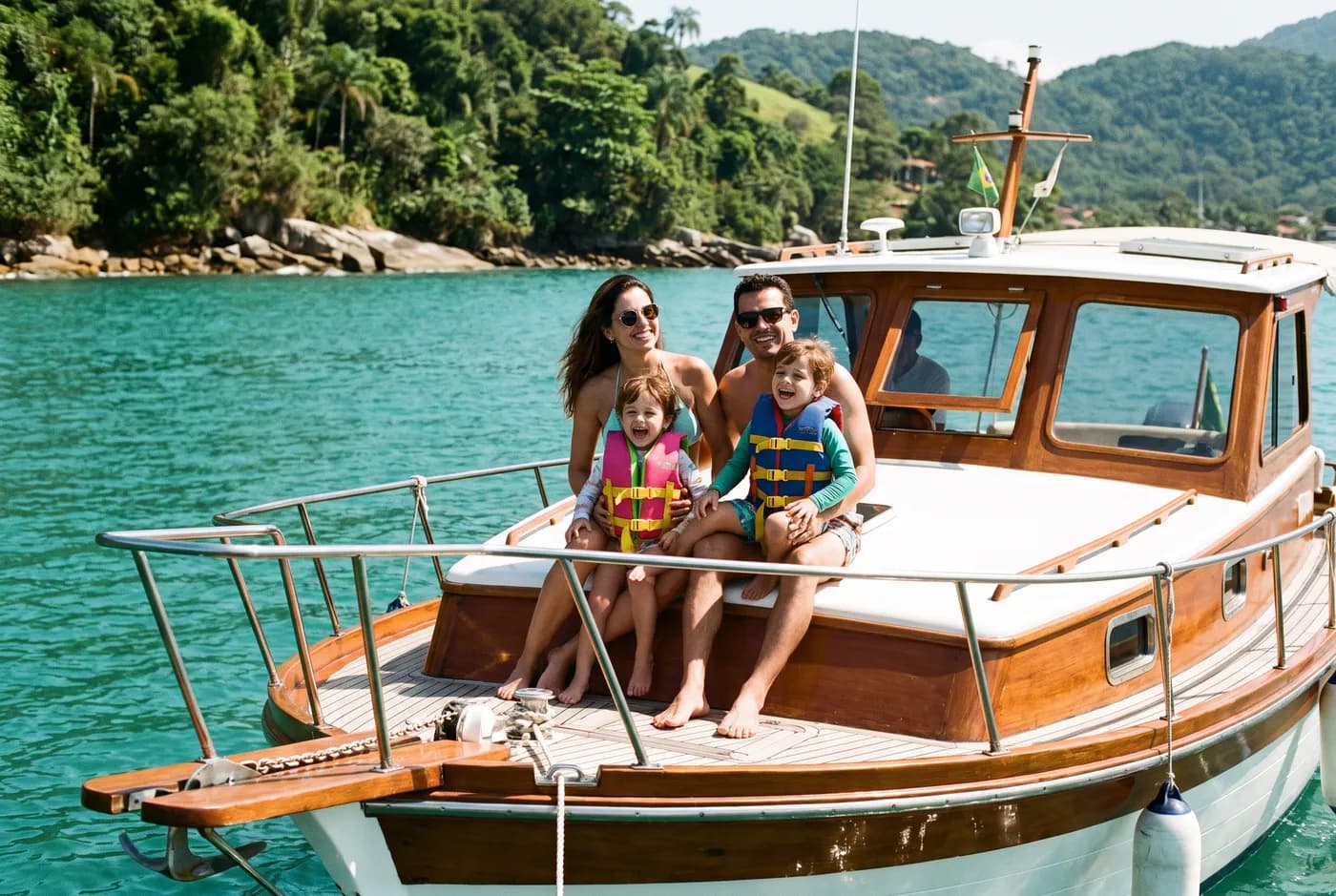 Família na proa de uma lancha em dia de sol